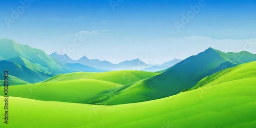 abstract illustration featuring green landscape, sky, and mountains
