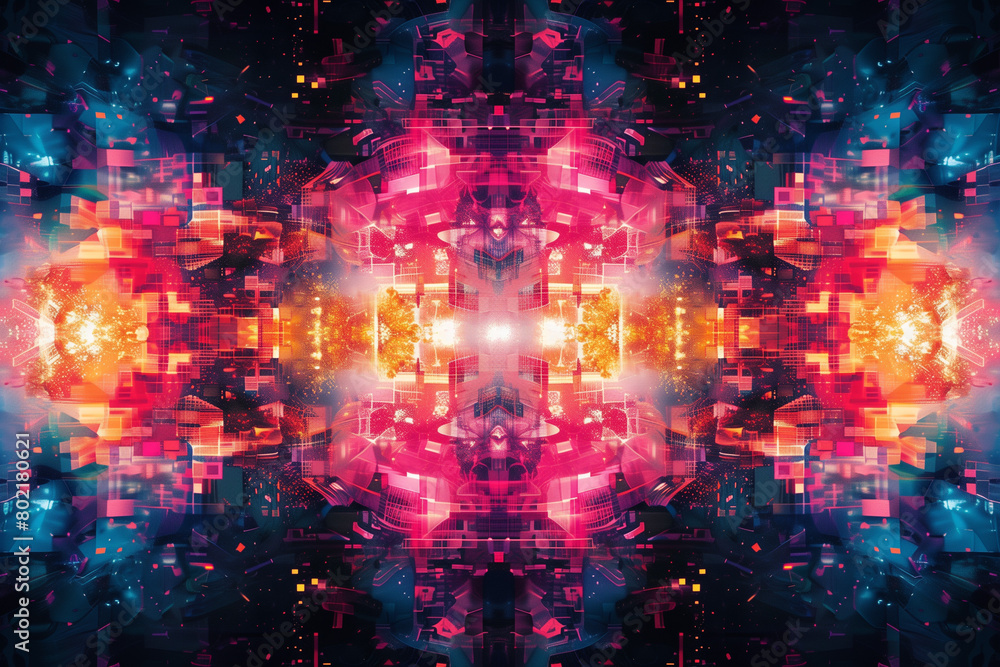 A vivid kaleidoscopic pattern in red and blue creates a dynamic digital artwork. A vivid kaleidoscopic pattern in red and blue creates a dynamic digital artwork.