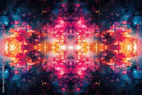 A vivid kaleidoscopic pattern in red and blue creates a dynamic digital artwork.