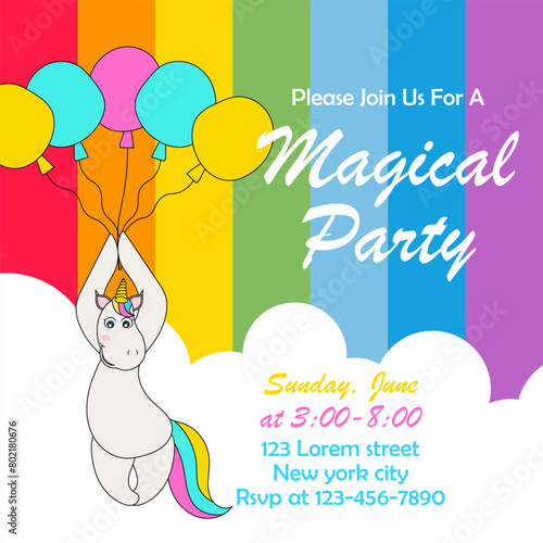 Cute unicorn with balloons illustration for party invitation card template (ID: 802180676)