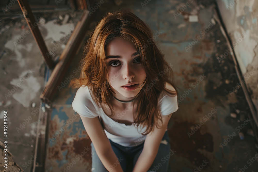 Fototapeta premium A girl in an abandoned house on her knees, kidnapping
