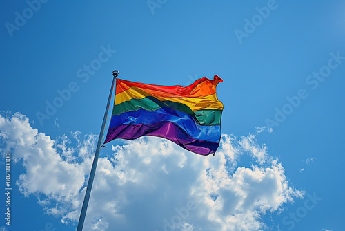 horizontal image of a rainbow flag flowing high in the sky in the context of pride celebration
