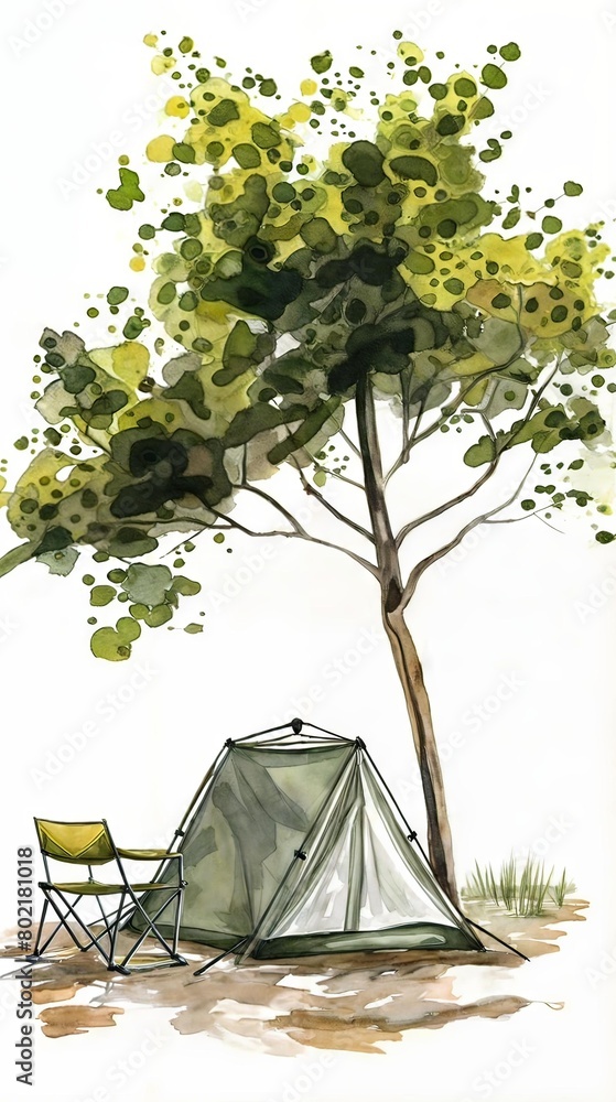 Vertical AI illustration watercolor of camping setup under a tree. Hobbies, entertainments concept.