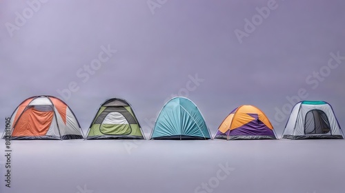Horizontal AI illustration lineup of colorful camping tents. Hobbies and entertainments concept.