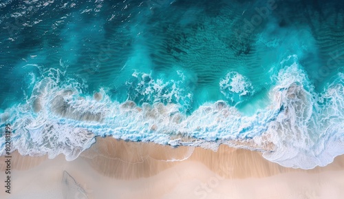 Fluid art paint of electric blue water waves crashing on sandy beach © Alexei