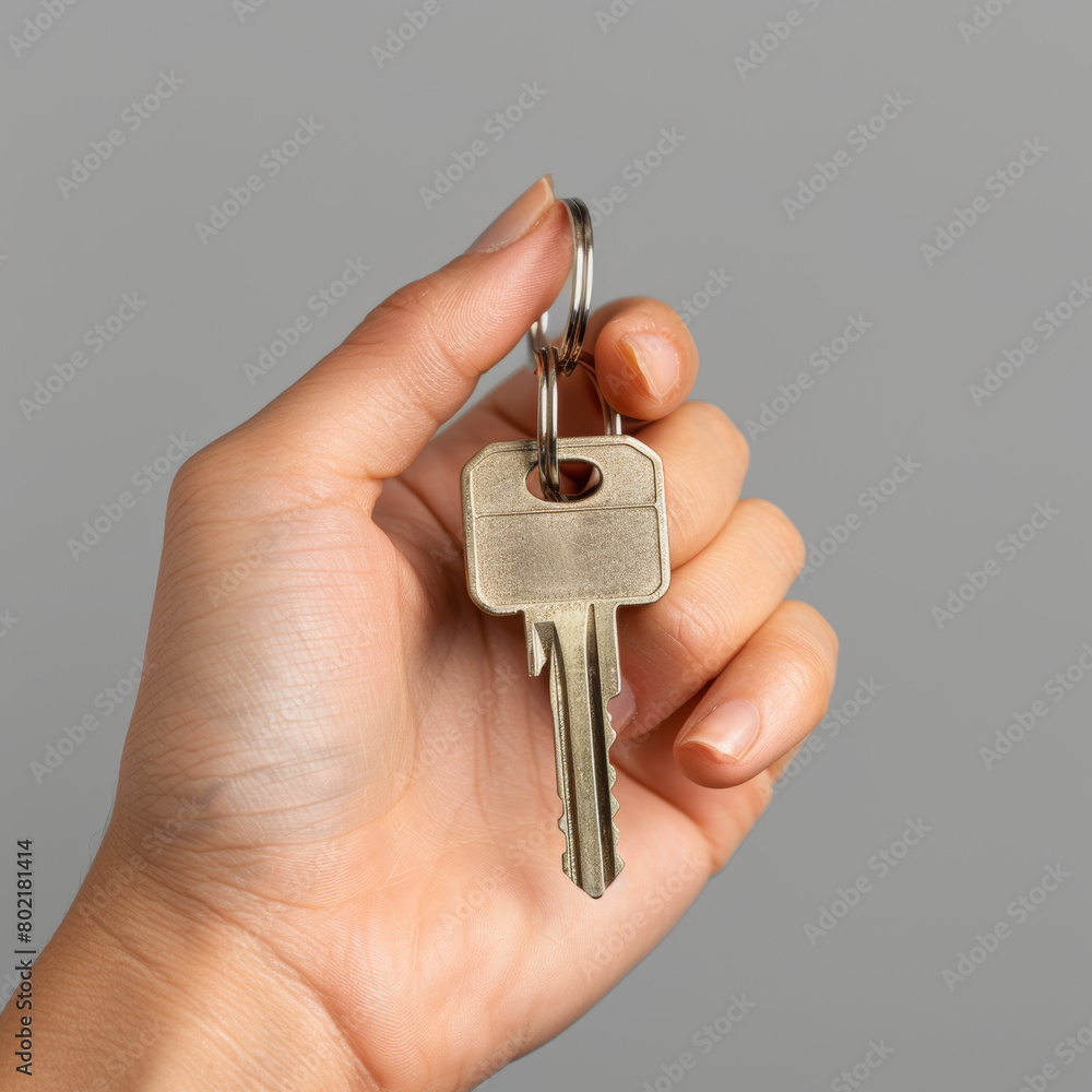 A hand holding a single silver house key against a grey background. A hand holding a single silver house key against a grey background.
