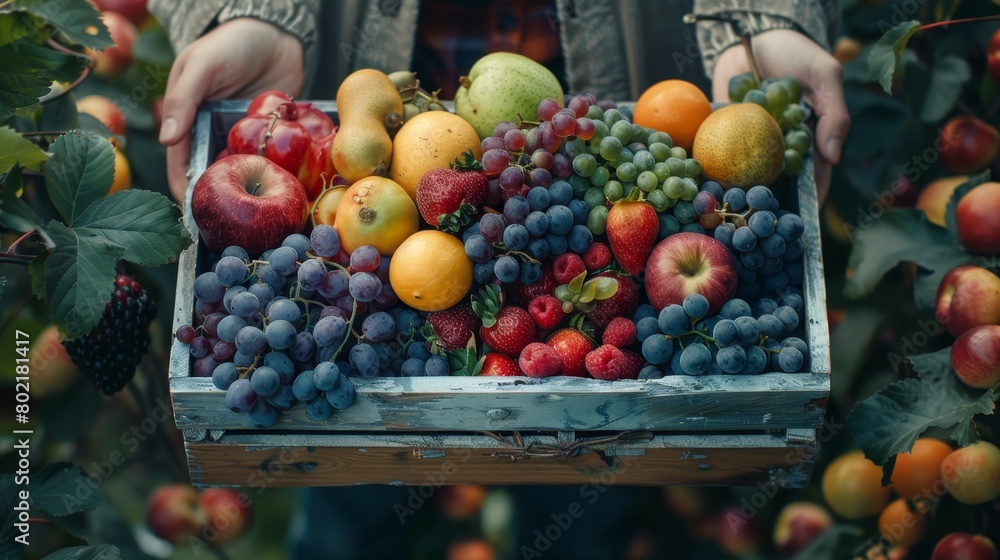 The hand carefully holds a new box full of perfectly arranged fruits showcasing  different types in a stunning display, Generated by AI