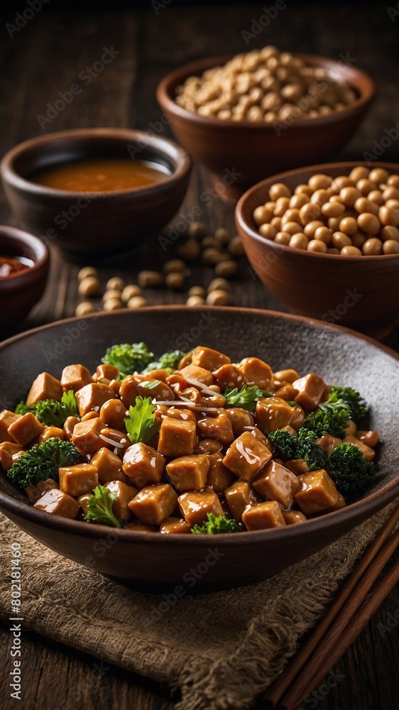 Golden brown tofu cubes piled high in rustic brown bowl, glistening with savory sauce, garnished with vibrant green broccoli florets, fresh parsley. Bowls of soybeans.