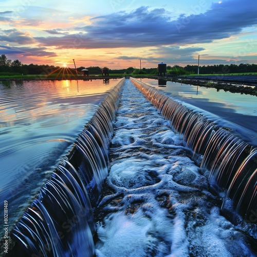 Water flowing over a weir at a water treatment plant. photo