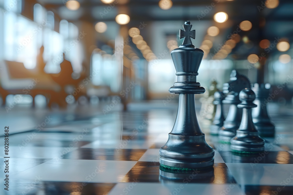 A king chess piece on a chessboard, strategically placed in the foreground with a lively cafe setting in the blurred background, highlighted by soft lighting and bokeh effects A king chess piece on a chessboard, strategically placed in the foreground with a lively cafe setting in the blurred background, highlighted by soft lighting and bokeh effects