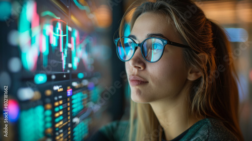 A business woman in glasses, with long hair in a ponytail, reviewing a financial report on a virtual screen.