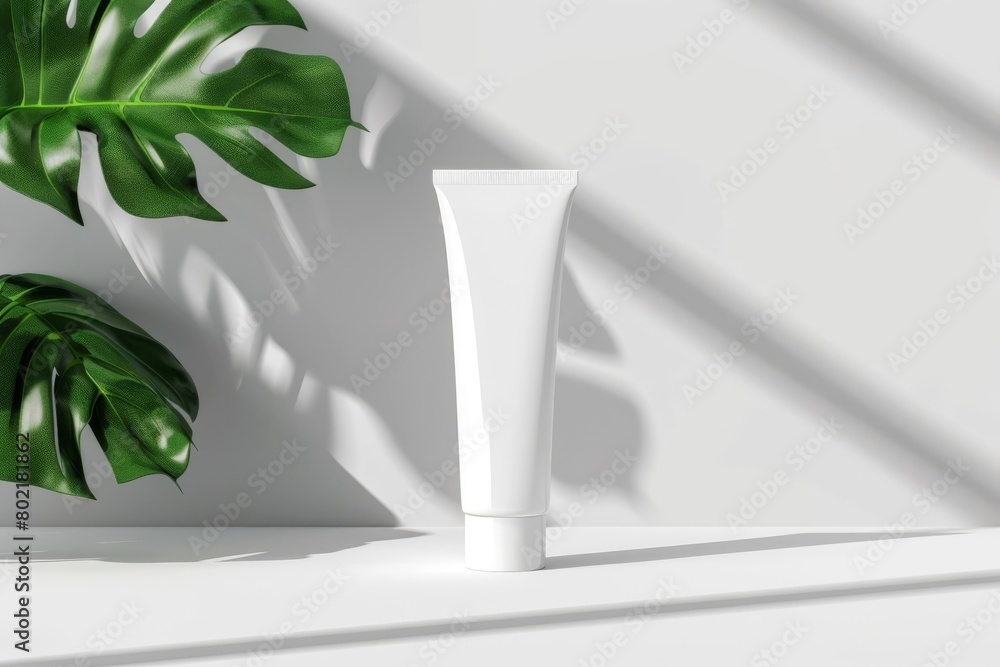 A mock up of realistic white blank cosmetic tube isolated on white and grey background with leafs of plants , 3d rendering , 3D illustration A mock up of realistic white blank cosmetic tube isolated on white and grey background with leafs of plants , 3d rendering , 3D illustration