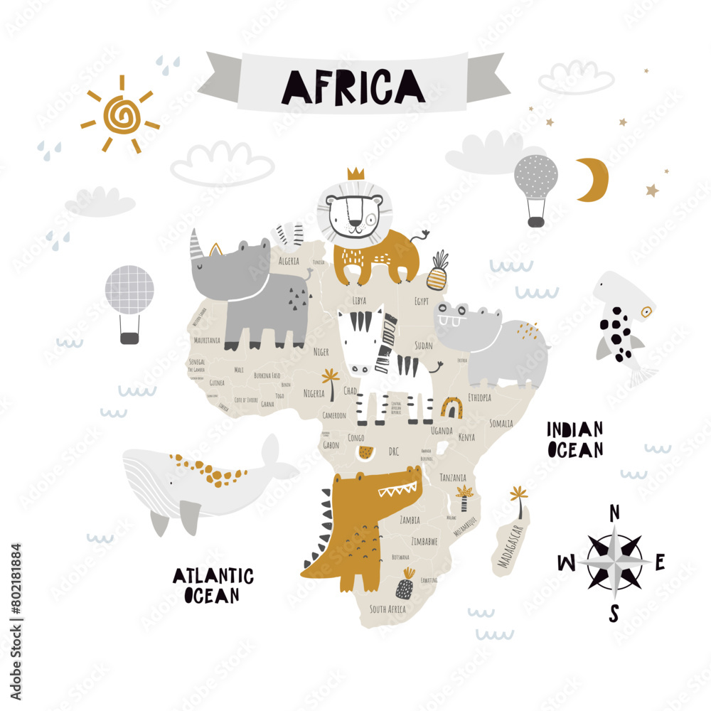 Vector map of Africa with animals. Cute wild African animals. Jungle. Safari. Lion, rhinoceros, crocodile, zebra, hippo, whale, shark. Illustration for children. Wildlife of Africa, world continent.