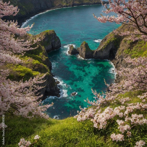 Pink cherry blossoms frame view of rocky coastline, turquoise water in secluded cove. Water calm, sun shining, creating peaceful, serene atmosphere.