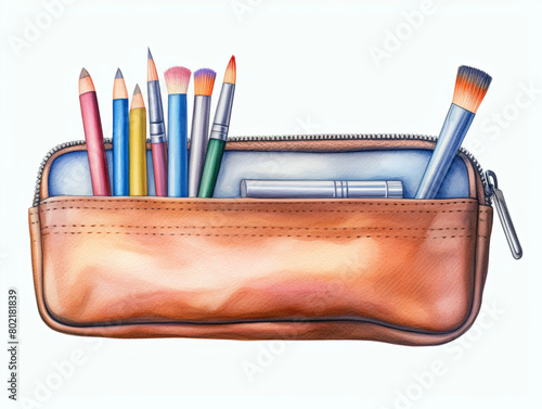 Watercolor painting of A pencil case with a zipper pull and a bunch of pencils and makeup brushes photo