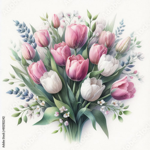                                  White background  beautiful tulips 