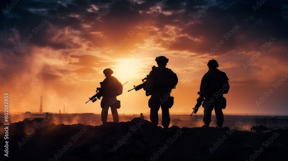 Naklejka premium Silhouette of military soldiers with weapons dark background. Law and military concept. High quality photo