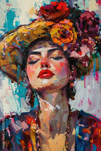 Portrait of a beautiful girl in a hat   Oil painting