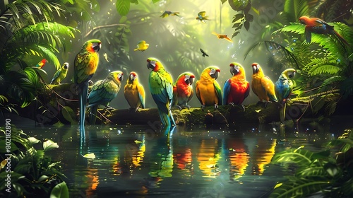 Flock of Vibrant Parrots in Lush Tropical Setting, Beautifully Displaying Nature's Palette, Perfect for Avian Enthusiasts and Wildlife Concepts © Muhammad
