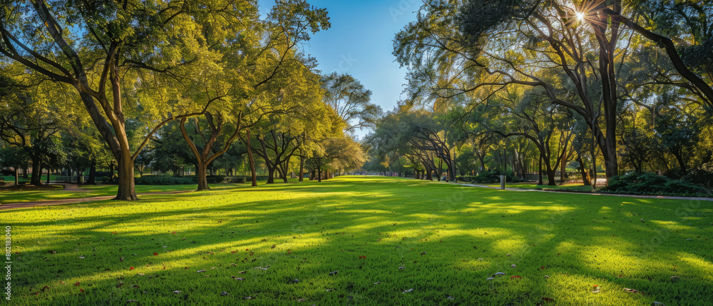 Capturing the peaceful beauty of a public park with lush trees and winding walk paths from a low angle perspective. Capturing the peaceful beauty of a public park with lush trees and winding walk paths from a low angle perspective.