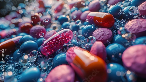 3D rendering of colorful pills and gel capsules flying on a blue background