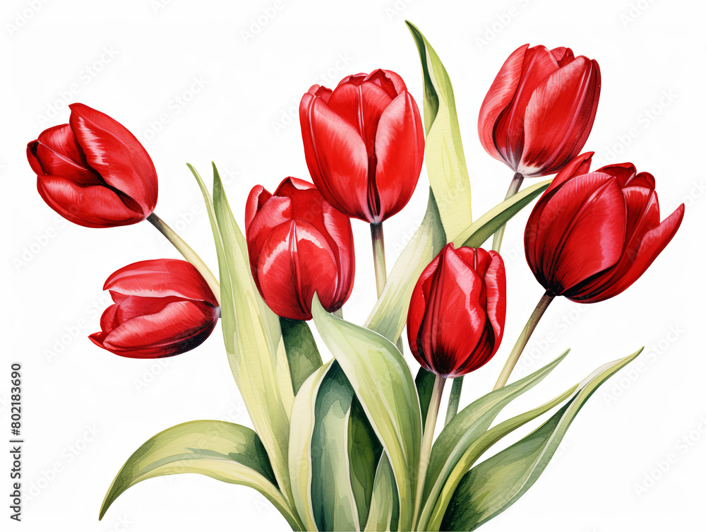 Watercolor painting of A bouquet of red tulips with green leaves Watercolor painting of A bouquet of red tulips with green leaves