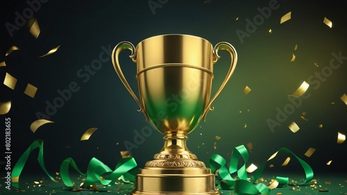 Golden trophy cup surrounded by falling confetti on a dark green background, representing victory and celebration