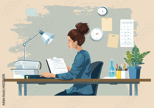 Mid-Career Professional Woman Admin Working at Desk, Answering Phone, Scheduling - Secretary/Receptionist/Accountant Office Work Illustration