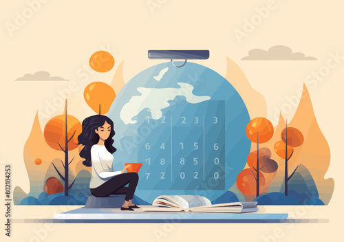 Businesswoman organizing project deadlines on laptop with hourglass, calendar and to-do reminders - vector illustration for time management and work organization concepts