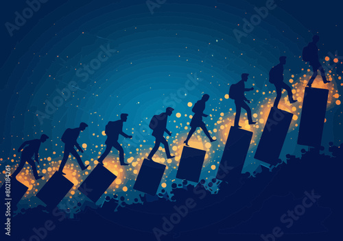 Corporate colleagues collaborating proactively with united teamwork and determination to avert crisis, symbolized by strategically stopping domino effect - minimalist vector illustration of business photo