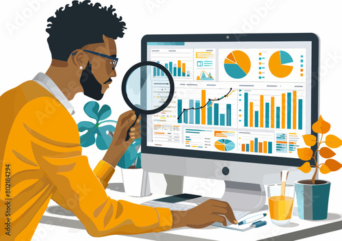 Business analyst reviewing SEO metrics, profit reports on laptop - minimalistic vector scene of man with magnifying glass analyzing data, market research