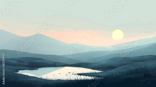 An illustration of a serene mountain landscape with a picturesque lake reflecting the majestic peaks, sun and the pink color sky in the background, wallpaper illustration photo