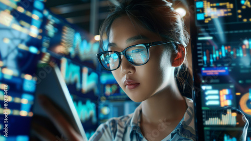 A female asian software developer in glasses is looking at her tablet screen with code on it © HillTract