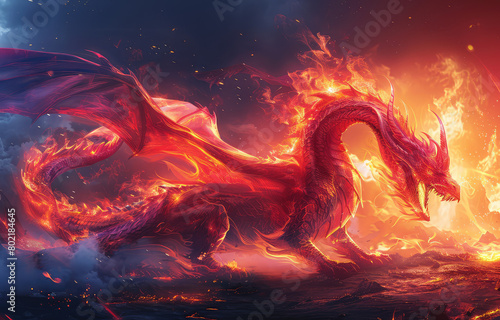 A dragon made of fire, flames and nebulae in the background, hyper realistic, in the style of fantasy. Created with Ai