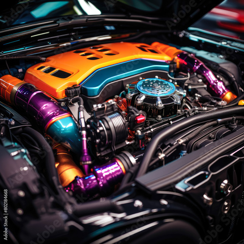 Close-up shot of a modified engine bay with vibrant colors, © Dmitriy