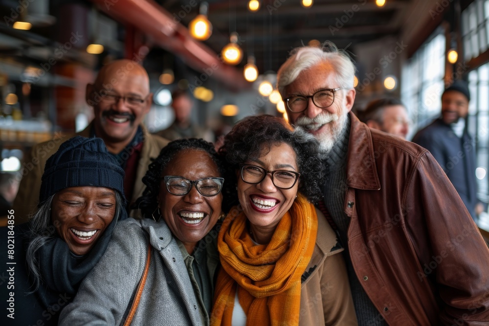 Portrait of group of diverse senior friends laughing together in a pub Portrait of group of diverse senior friends laughing together in a pub