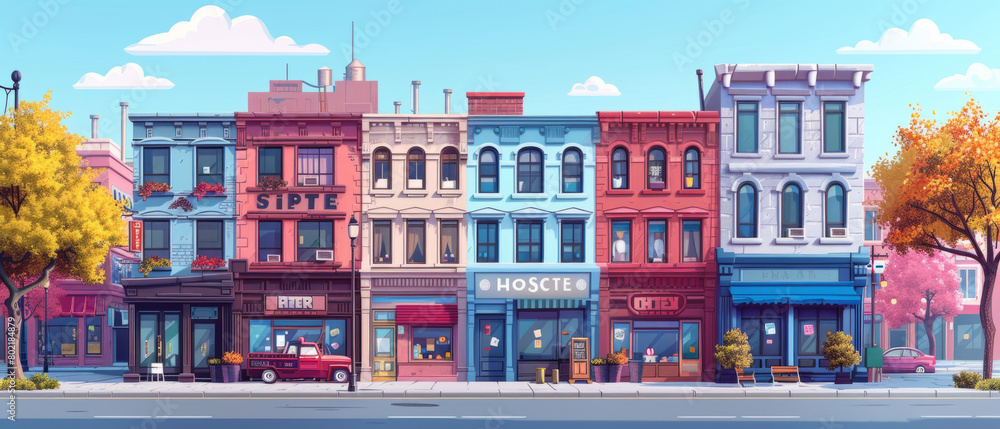 Illustration of a street with shop buildings in the background, capturing urban atmosphere and architecture.