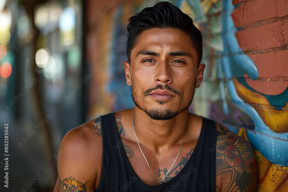 Close-up portrait of a muscular man with tattoos and intense eyes against a bright graffiti wall Close-up portrait of a muscular man with tattoos and intense eyes against a bright graffiti wall