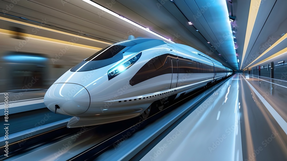 Futuristic high-speed train inside a sleek tunnel using magnetic levitation propulsion. Concept Future Transportation, High-Speed Trains, Magnetic Levitation, Modern Engineering Futuristic high-speed train inside a sleek tunnel using magnetic levitation propulsion. Concept Future Transportation, High-Speed Trains, Magnetic Levitation, Modern Engineering