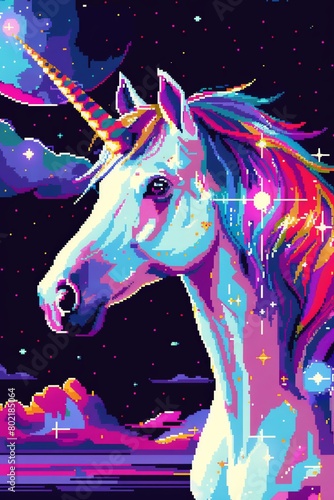 Merge the enchanting presence of a Unicorn with the psychological concept of Hope in a pixel art composition Implement innovative lighting techniques to infuse a sense of magic and optimism into the s