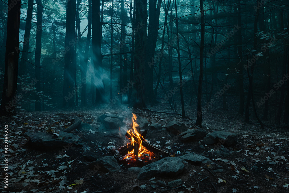 Dusk setting with a bonfire in the forest Dusk setting with a bonfire in the forest