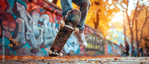 Skateboarding on graffiti wall background from a low angle perspective. photo