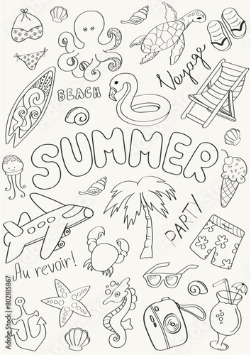 Fototapeta Naklejka Na Ścianę i Meble -  Summer doodle set b&w