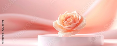 Singular Rose on Display - Dew Drops Adorning Petals, Warm Pastel Pink Ambiance