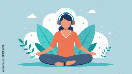 A person listening to a guided relaxation or meditation audio recording using the soothing voice and calming music to ease their anxiety.. Vector illustration