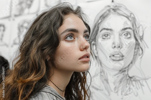 Female art student with expressive eyes looks pensive, standing before her pencil-drawn portraits on the wall
