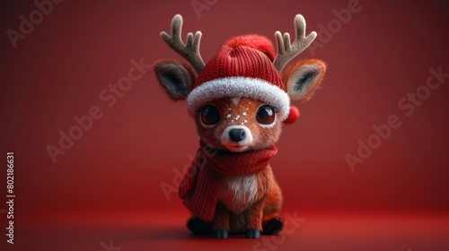 Small Deer With Red Hat and Scarf. Generative AI