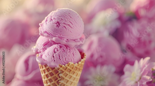 Sumptuous scoop of strawberry ice cream in a crispy waffle cone against a soft pink bokeh background