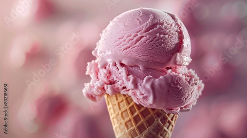 Sumptuous scoop of strawberry ice cream in a crispy waffle cone against a soft pink bokeh background