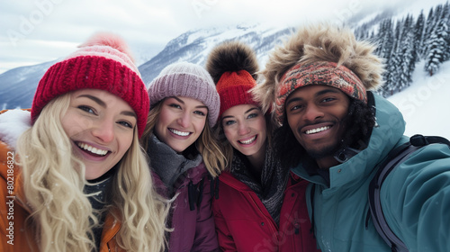Group of happy people relaxing in the mountains at a resort	
